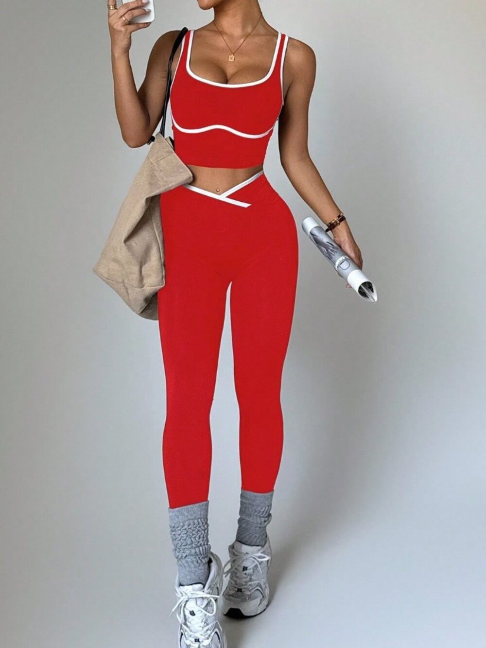 Red Casual Women's Seamless Contrast Color Yoga Activewear Set